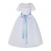 White / Dusty Blue Floral Lace Flower Girl Dress Pageant Dress LG2