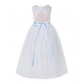 White / Dusty Blue A-Line Lace Flower Girl Dress 178R2