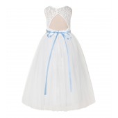 Ivory / Dusty Blue A-Line Tulle Lace Flower Girl Dress 178R2