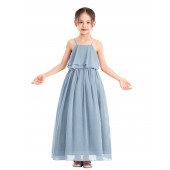 Dusty Blue A-Line Ruffle Chiffon Dress Chiffon Flower Girl Dress 192