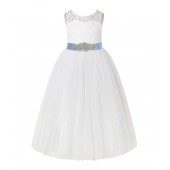 Ivory / Dusty Blue A-Line Lace Flower Girl Dress 178R3