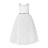 Ivory / Dusty Blue A-Line Tulle Lace Flower Girl Dress 178R4