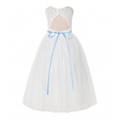 Ivory / Dusty Blue A-Line Tulle Lace Flower Girl Dress 178R7