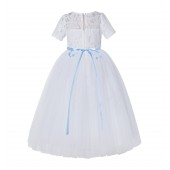 White / Dusty Blue Floral Lace Flower Girl Dress Baptism Dress LG2