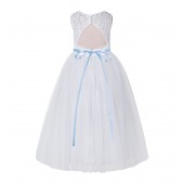 White / Dusty Blue A-Line Tulle Lace Flower Girl Dress 178R7