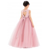 Dusty Rose Satin Heart Cutout Flower Girl Dress with Pearl Beaded Trim P250