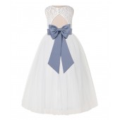 Ivory / Dusty Blue Lace Tulle Scoop Neck Keyhole Back A-Line Flower Girl Dress 178