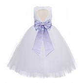 White / Dusty Lavender Floral Lace Heart Cutout Flower Girl Dress with Flower 172T