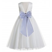 Ivory / Dusty Lavender V-Back Lace Edge Flower Girl Dress 183T