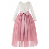 Dusty Rose A-Line V-Back Lace Flower Girl Dress with Sleeves 290R