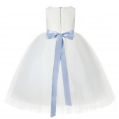 Ivory / Dusty Blue Floral Lace Flower Girl Dress Ivory Ball Gown Lg7