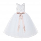 White / Blush Pink V-Back Lace Flower Girl Dress Lace Tutu Dress 212R3