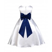 White/Navy A-Line Satin Flower Girl Dress Wedding Bridal 821T