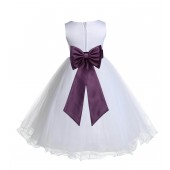White/Plum Tulle Rattail Edge Flower Girl Dress Wedding Bridesmaid 829T