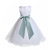 White/Sage Tulle Rattail Edge Flower Girl Dress Wedding Bridal 829S