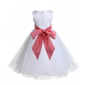 White/Coral Tulle Rattail Edge Flower Girl Dress Wedding Bridal 829S