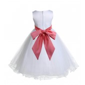 White/Guava Tulle Rattail Edge Flower Girl Dress Wedding Bridal 829S