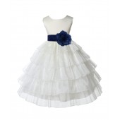 Ivory/Navy Satin Shimmering Organza Flower Girl Dress Pageant 308T