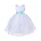 White/Mint Satin Shimmering Organza Flower Girl Dress Wedding 4613T