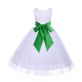 White/Lime Tulle 3D Floral Rose Flower Girl Dress Wedding 152S