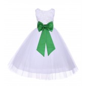 White/Lime Tulle 3D Floral Rose Flower Girl Dress Pageant 152T