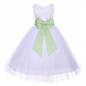 White/Apple Green Tulle 3D Floral Rose Flower Girl Dress Pageant 152T