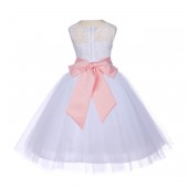 White/Peach Floral Lace Bodice Tulle Flower Girl Dress Wedding 153S