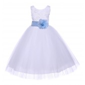 White/Sky Tulle 3D Floral Rose Flower Girl Dress Wedding 152S
