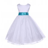 White Shimmering Organza Turquoise Sequin Sash Flower Girl Dress 841mh