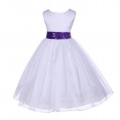 White Shimmering Organza Purple Sequin Sash Flower Girl Dress 841mh
