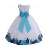 White/Turquoise-Navy Tulle Mixed Rose Petals Flower Girl Dress 302T