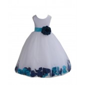 White/Turquoise-Peacock Tulle Mixed Rose Petals Flower Girl Dress 302T
