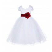 White/Apple Red V-shaped Neckline Short Sleeves Tulle Flower Girl Dress 154S