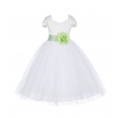 Ivory/Apple Green V-shaped Neckline Short Sleeves Tulle Flower Girl Dress 154S