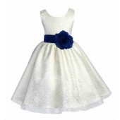 Ivory/Navy Floral Lace Overlay Flower Girl Dress Special Event 163S
