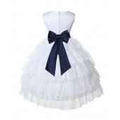 White/Marine Satin Shimmering Organza Flower Girl Dress Pageant 308T