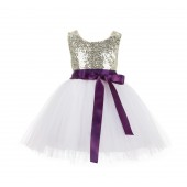 Gold/Ivory/Purple Glitter Sequin Tulle Flower Girl Dress Recital Ceremony 123S