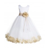 White/Champagne Floral Rose Petals Tulle Flower Girl Dress 007