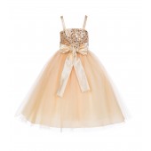Gold Spaghetti-Straps Sequin Tulle Flower Girl Dress Elegant B-1508