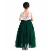 Forest Green Backless V-Back Lace A-Line Flower Girl Dress 207
