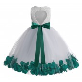 White / Forest Green Floral Lace Heart Cutout Flower Girl Dress with Petals 185