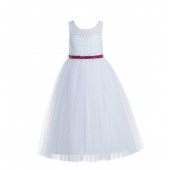 White / Fuchsia Pink Lace Tulle Scoop Neck Keyhole Back A-Line Flower Girl Dress 178