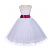 White Floral Lace Bodice Tulle Fuchsia Sequin Flower Girl Dress 153mh
