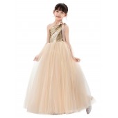Gold / Champagne Sparkle Sequin One Shoulder Flower Girl Dress Seq2