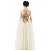 Gold / Ivory Criss Cross Back Flower Girl Dress Seq3
