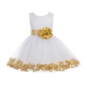 White/ Gold Rose Petals Tulle Flower Girl Dress Wedding 305T