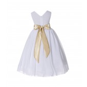 White/Gold V-Neck Yoryu Chiffon Flower Girl Dress Wedding 503NF