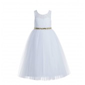 White / Gold Lace Tulle Scoop Neck Keyhole Back A-Line Flower Girl Dress 178
