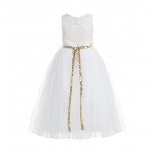 Ivory / Gold Tulle Scoop Neck Keyhole Back A-Line Flower Girl Dress 178