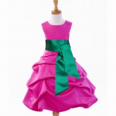 Fuchsia/Green Satin Pick-Up Bubble Flower Girl Dress V2 806S